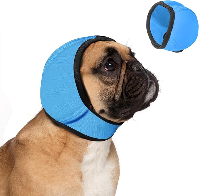 Dog Ear Muffs Noise Protection, No-Shake Ear Wrap for Hematoma Care, Bathing, Drying, Swimming & Noise Anxiety Relief (Blue, Small)