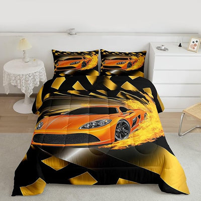 Erosebridal Boys Race Car Comforter Set, Cool Speed Sports Car Bedding Set Full Size for Kids Teens Adult Men, Extreme Sport Quilted Duvet Automobile Checkered Duvet Sets for Bedroom