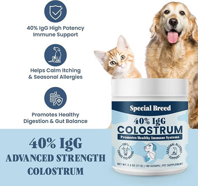 40% IgG Grass Fed Colostrum for Dogs, Third Party Tested High Potency Colostrum Powder, Immune Support, Prebiotic Gut Health, Seasonal Allergy and Itch Relief, Made in USA, 2.5 Oz