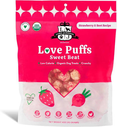 Lord Jameson Sweet Beat Light & Crunchy Love Puffs - Strawberry & Beet - Dog Treats, Low-Calorie, Low-Sugar, Gluten & Preservative-Free, USDA Certified Organic - Made In USA 4 oz
