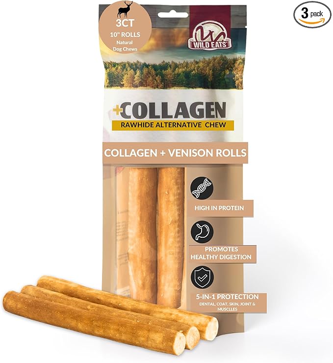 Venison Flavor Collagen Retriever Style Cheek Rolls 10" Dog Chews-3 Pack (Long Lasting Dog Chews Treats & Bones for Medium Dogs) Substitute for Pig Ears for Dogs