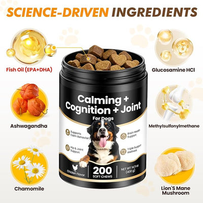200 Ct 3-in-1 Calming Joint Cognition Soft Chews for Dogs Calm Treats Supplements for Anxiety Relief Hip and Joint Support Brain Health with Fish Oil Ashwagandha Chamomile Glucosamine Chicken Flavor