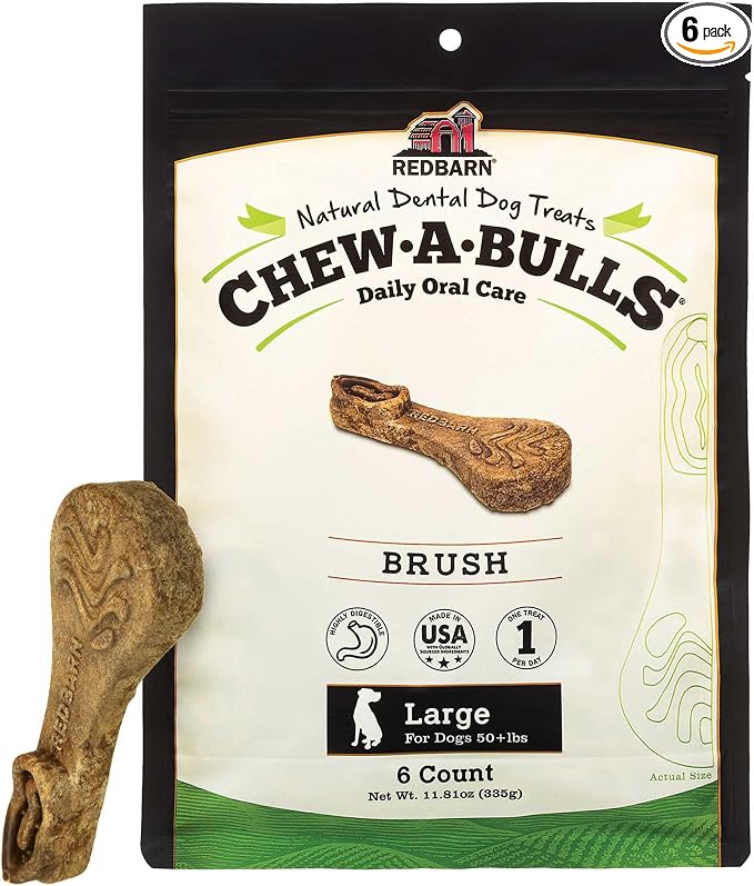 Chew-A-Bulls, 6 Pack – Large Brush Shape Dog Dental Treats – Daily Oral Care with Fun Ridges & Grooves, All Natural Ingredients, Highly Digestible Chews & Low in Fat