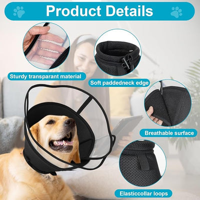 Soft Elizabethan Dog Cone Collar for Large, Medium & Small Dogs - Adjustable Recovery Collar for Post-Surgery, Wound Protection & Licking Prevention - Lightweight Pet Cone Alternative（Black,S）