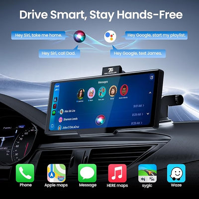 TECXERLLON 10.26" Portable Apple CarPlay Screen for Car with 4K Dash Cam and 1080P Backup Camera, Wireless Car Play & Android Auto, OTA, GPS Navigation, Voice Control, Mirror Link