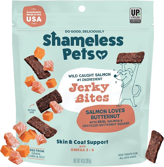 Jerky Bites Treats, Salmon Loves Butternut- Healthy Dog Chews for Skin & Coat Support with Omega 3 and 6- Dog Treats with Real Wild-Caught Salmon- Free from Grain, Corn & Soy - 14 oz