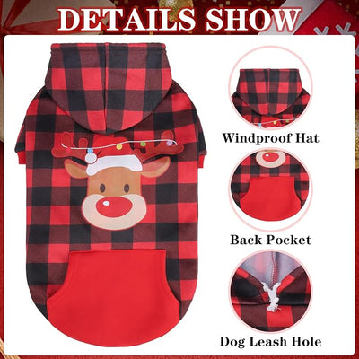 EXPAWLORER Plaid Dog Hoodie - British Style Warm Dog Sweater Shirt with Leash Hole,Pitbull Clothes Outfits,Winter Coat Apparel for All Breeds Puppy Girl Boy-Cat Apparel,Christmas Buffalo Check Small