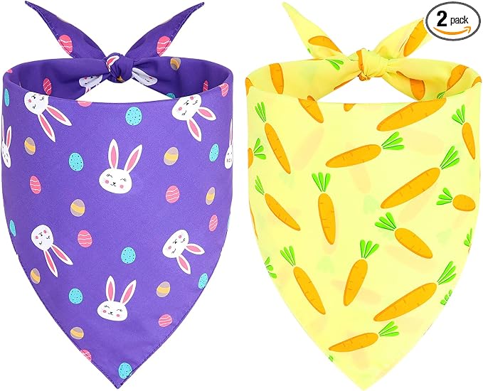 Vivifying Easter Dog Bandanas - 2 Pack Festive Pet Accessories with Cute Bunny and Carrot Patterns, Perfect for Easter Celebrations (Large, Purple & Yellow)