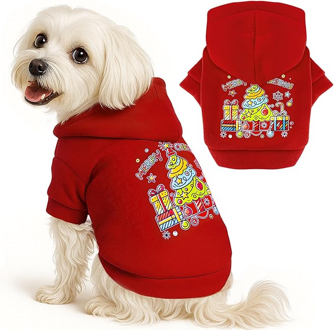 ABRRLO Small Dog Hoodie Clothes Red Christmas Dog Outfit Warm Fleece Dogs Sweater for Small Dogs Cat Boy Girl Cute Puppy Sweatshirt with Leash Hole Xmas Doggy Costume Chihuahua Yorkie(Xmas Tree,S)
