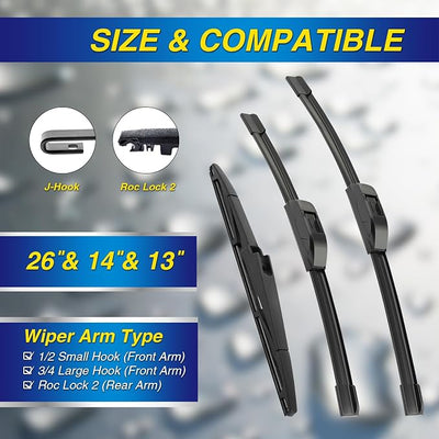 5 PLUS® Windshield Wipers Replacement for Hyundai Santa Fe 2018-2013,Silicone Water Repellent Wiper Blades-26"/14"/13"(Set of 3), OEM Fit, All-Season, Easy Installation