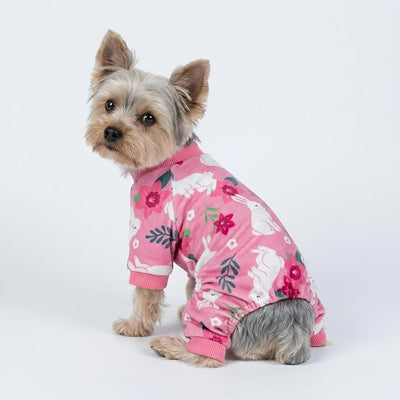 Fitwarm Floral Bunny Dog Pajamas, Cute Easter Outfit for Small Dogs Girl, Festive Pet Clothes, Pink, Red, White, Medium