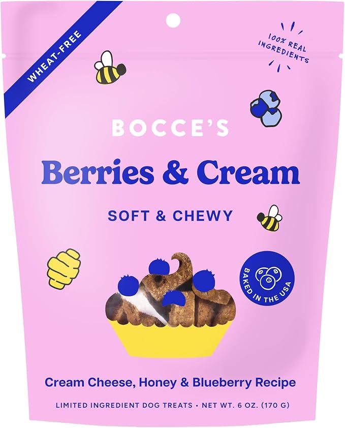 Bocce's Bakery 'Berries & Cream Treats for Dogs, Wheat-Free Everyday Dog Treats, Made with Real Ingredients, Baked in The USA, Natural Soft & Chewy Cookies, Cream Cheese & Blueberry, 6 oz