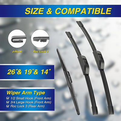 5 PLUS® Silicone Windshield Wipers Replacement for 2010-2014 Subaru Outback/2003-2006 Nissan Murano/2014-2017 INFINITI QX70 Wiper Blades(Set of 3),Windshield Wiper Blades For My Car-26"/19"/14"