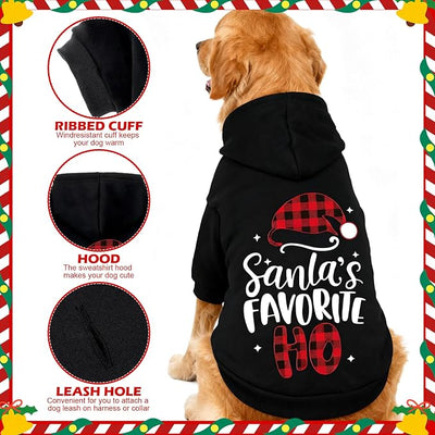 EXPAWLORER Dog Christmas Hoodie - Dog Christmas Sweater Xmas Sweatshirt with Santa Hat Print, Warm Fleece Lined Holiday Pet Outfit with Leash Hole, Cozy Soft Pet Clothes Coat for Large Dogs, L