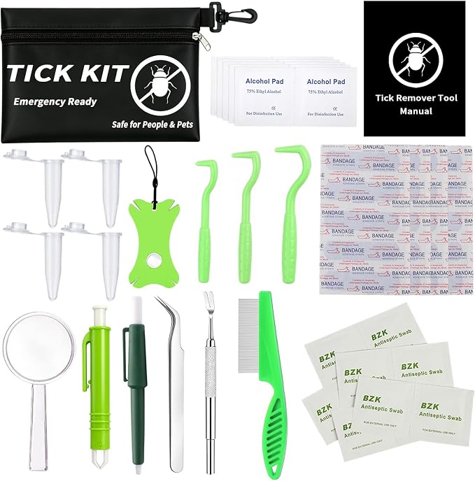 54-in-1 Tick Removal Tool Kit for Dogs, Cats and Humans, Stainless Steel Tweezers, Hooks, Pullers, Comb, Flea Comb and Black Waterproof Case for Hiking Camping Outdoor