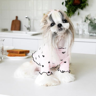 Pet Clothes for Small Dogs Cat Summer Fall Heart Print Shirt Stretchable Ruffle Long Sleeve Outfits for Chihuahua Schnauzer Shih Tzu Yorkie (Pink, Medium)