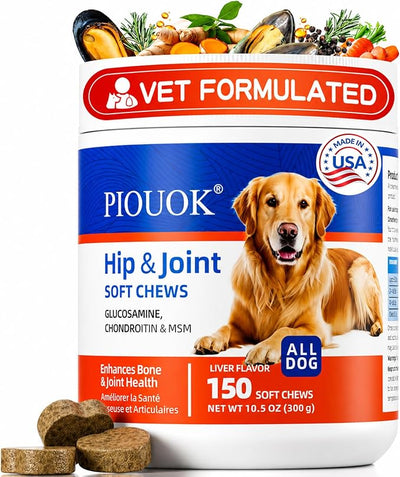 Hip and Joint Supplement for Dogs, Glucosamine for Dogs with MSM, Chondroitin, Dog Joints Supplement Supports Mobility & Joint Pain Relief, Liver Flavored Soft Chews Fit All Breeds & Sizes - 150Ct