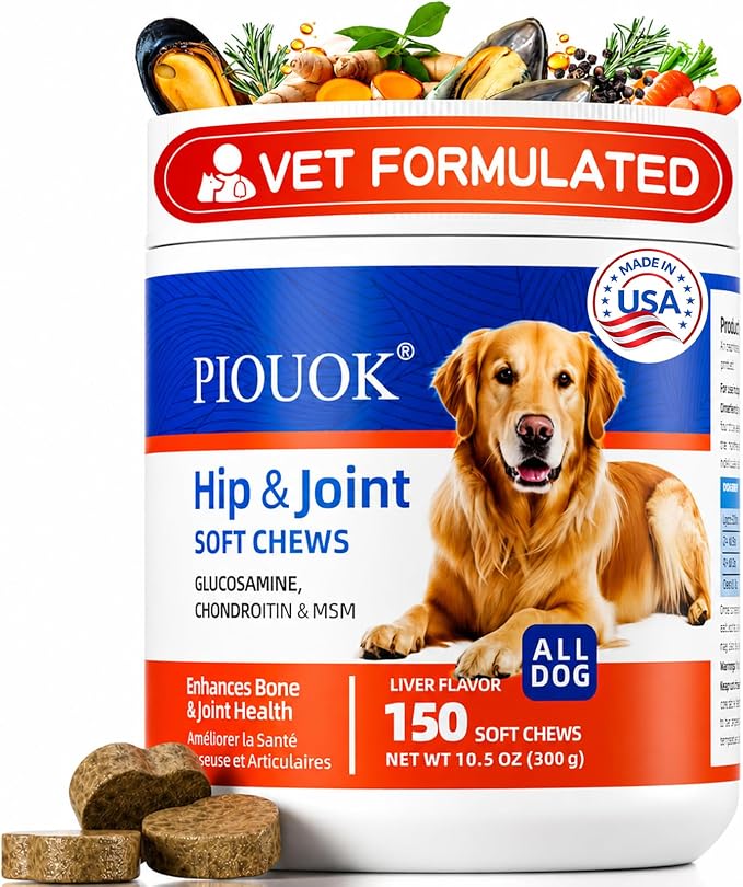 Hip and Joint Supplement for Dogs, Glucosamine for Dogs with MSM, Chondroitin, Dog Joints Supplement Supports Mobility & Joint Pain Relief, Liver Flavored Soft Chews Fit All Breeds & Sizes - 150Ct