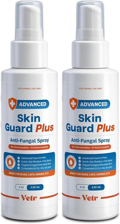 vetr Skin Guard Plus Chlorhexidine Ketoconazole Spray, Dogs Cats Horses, 2pk | Set of two 4 oz bottles, Fresh Scent, 2% / 1% dual-action formula, Soothes itchy, irritated skin, Controls odors