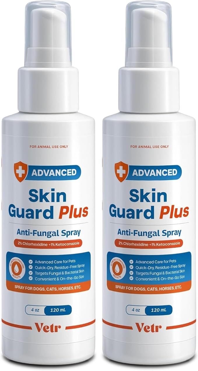 Skin Guard Plus Chlorhexidine Ketoconazole Spray, Dogs Cats Horses, 2pk | Set of two 4 oz bottles, Fresh Scent, 2% / 1% dual-action formula, Soothes itchy, irritated skin, Controls odors