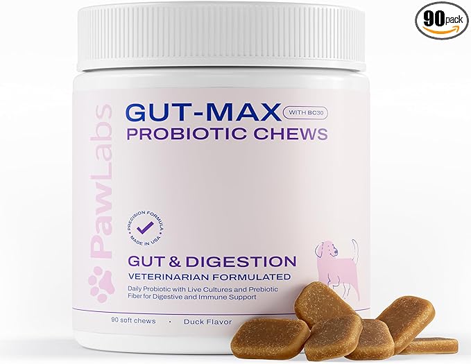 Gut Max Probiotic Chews - Natural, Vet Formulated Digestive & Immune Support - Relieves Diarrhea, Constipation - with Patented BC30™ Bacillus Coagulans - Duck Flavor - 90 Soft Chews