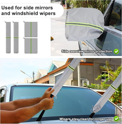 4 Pack Car Mirror Covers and Windshield Wiper Covers, Side Mirrors & Wiper Blades Covers for Universal Cars SUV Truck Snow Frost Protector Waterproof Oxford Cloth with Reflective Strip,Grey