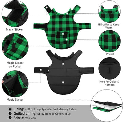 ASENKU Dog Winter Coat, Fleece Doggie Jacket Plaid Reversible Vest Waterproof Windproof Cold Weather Clothes for Small Medium Large Dogs (M, Green)