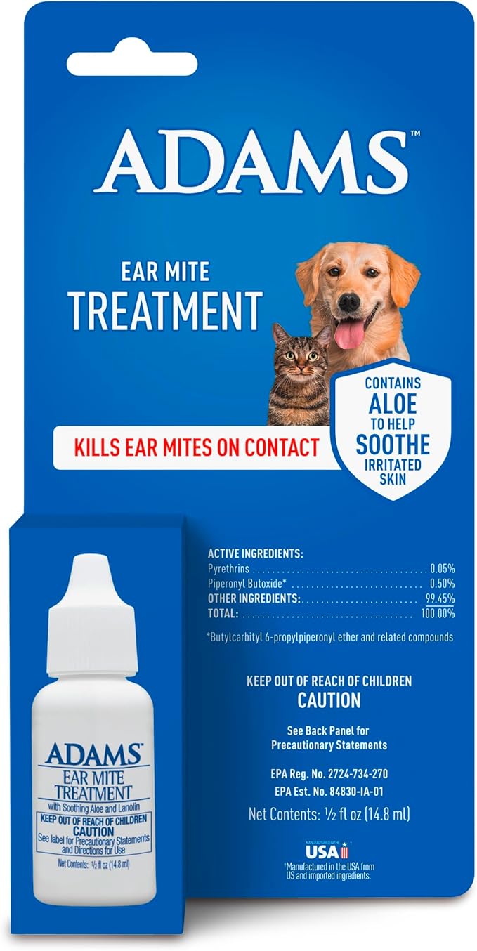 Ear Mite Treatment for Dogs, Cats, Puppies & Kittens, Kills Ear Mites On Contact, Ear Drop Relief for Dogs and Cats Suffering from Ear Mites, Soothing Aloe and Lanolin Formula, 0.5 Fl oz
