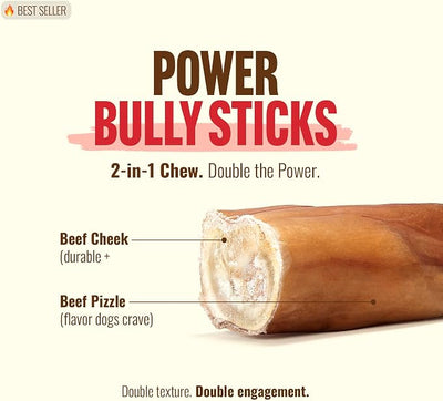 Natural Farm Power Bully Sticks Dog Chews (6”, 5-Pack), 2-in-1 Power Chews: Premium Beef Cheek Wrapped in Beef Pizzle, Long-Lasting, Great Dog Dental Treats Fro Small, Medium & Large Dogs