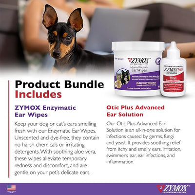 Zymox Enzymatic Ear Wipes and Otic Plus Advanced Ear Solution for Dogs and Cats - Product Bundle - for Dirty, Waxy, Smelly Ears and to Soothe Ear Infections, 100 Count Wipes and 1.25oz Bottle