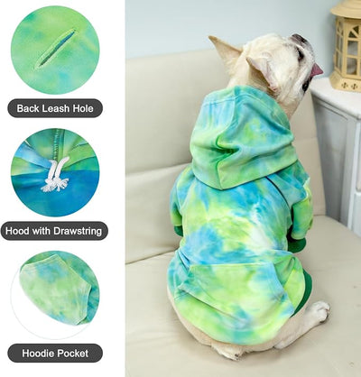 PAWCHIE Dog Hoodie for Small Dogs,Tie Dye Dog Cloth with Leash Hole,Puppy Sweatshirt, Pet Outfit, Cat Apparel, Blue Green SM