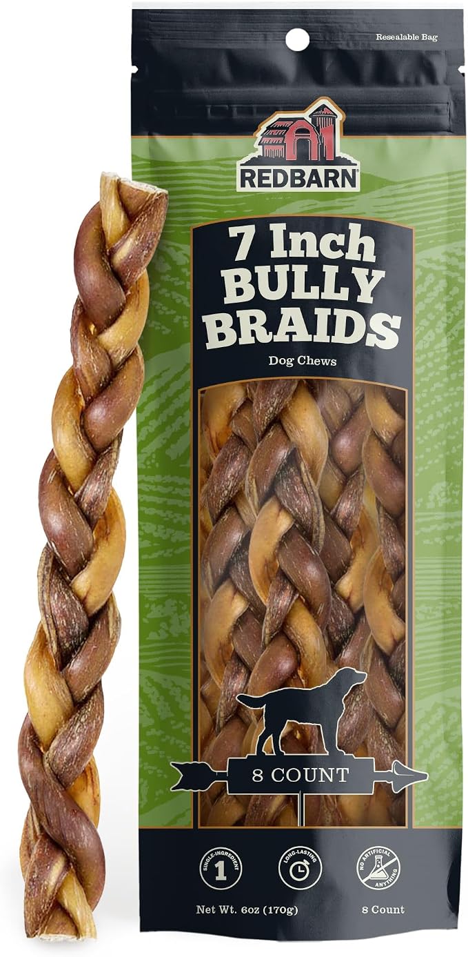 Pet Products All-Natural 7" Braided Bully Sticks for Dogs - Premium Slow Roasted Long Lasting Chews Made with 100% Beef - Healthy Single Ingredient Low Odor - 8 Count - Packaging May Vary