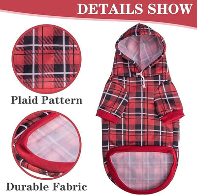 EXPAWLORER Plaid Dog Hoodie - British Style Warm Dog Sweater Shirt with Leash Hole,Pitbull Clothes Outfits,Winter Coat Apparel for All Breeds Puppy Girl Boy-Cat Apparel,Red X-Large