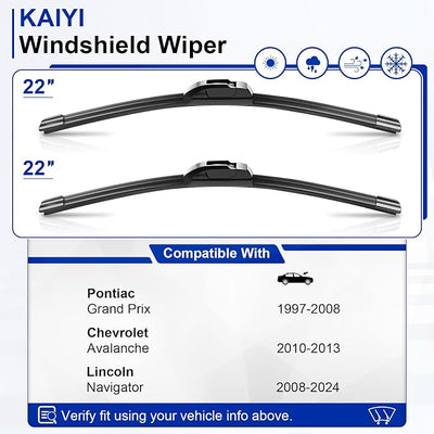 KAIYI 22" + 22" Windshield Wipers Compatible with Pontiac Grand Prix 1997-2008,Chevrolet Avalanche 2010-2013,Lincoln Navigator 2008-2024 Premium Automotive Replacement Windshield Wiper Blades 2 Pack