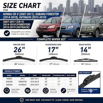 AERO Wipers OEM Replacement for Honda CR-V CRV 2011-2007 Subaru Forester 2018-2014 Outback 2019-2015, 26"+17" Front + 14" Rear, All-Season Windshield Wiper Blades with Extra Refills (Set of 3)