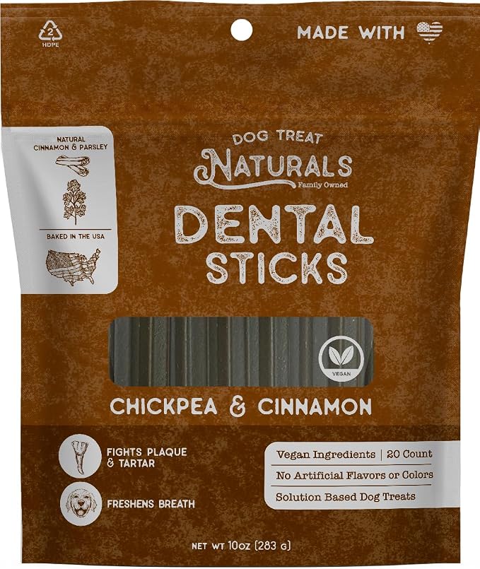 Chickpea & Cinnamon Dental Sticks 10oz, 20ct | Dog Dental Chew Treats for Small, Medium, Large Dogs | Freshen Breath, Fight Plaque-Tartar | Natural Teeth Cleaning Treats | USA Made