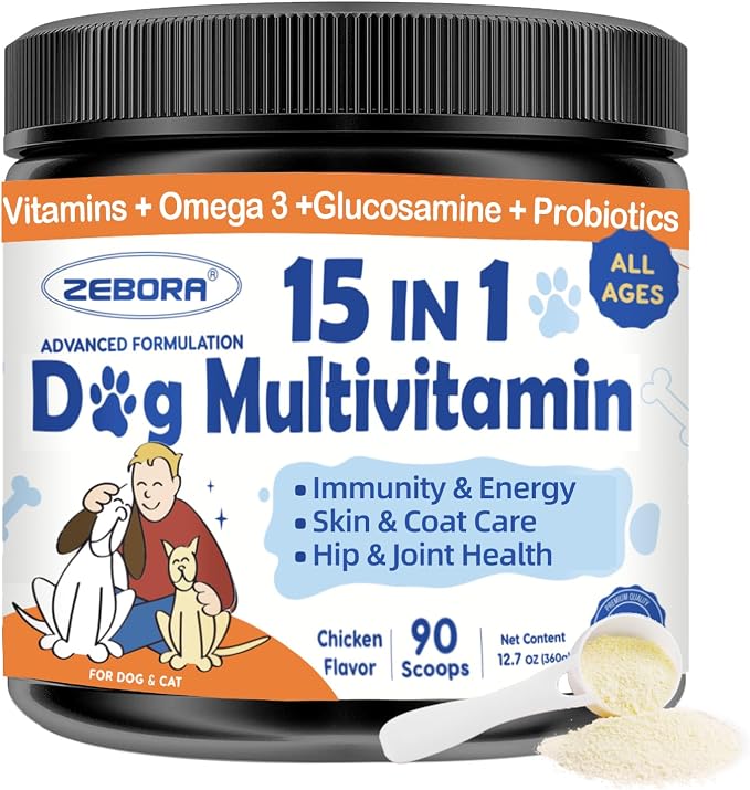 Dog Multivitamin Powder with Glucosamine, Dog Vitamins and Supplements for Immune Support, Skin and Coat Supplement with Omega 3 for Allergy Relief, Probiotics for Digestive & Gut Health