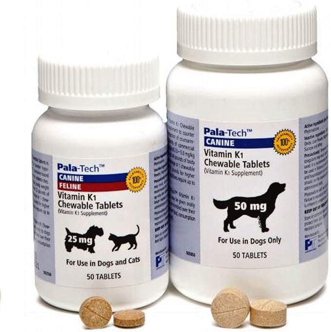 Pala-Tech Vitamin K1 Chewable Tablets for Dogs - Counters Hypoprothrombinemia - Dogs K1 Vitamin Supplement with Roast Beef & Liver Flavor - 50 mg, 50 Tablets