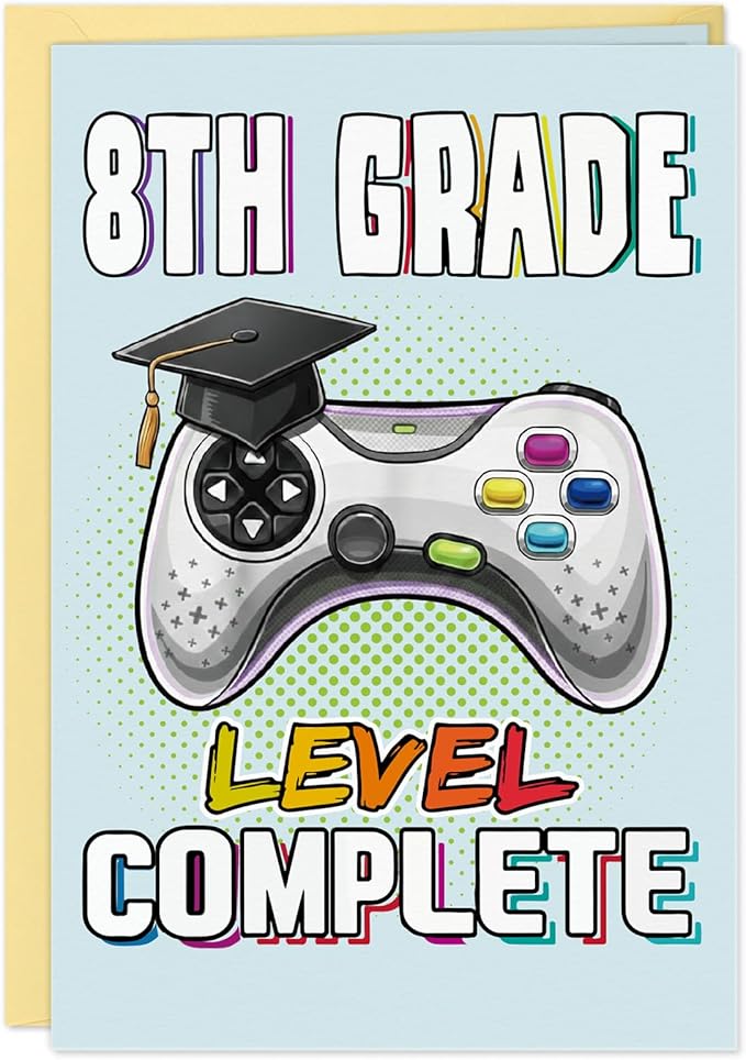 8th Grade Graduation Card for Boys - Funny Level Complete Design Middle School Graduation Card for Boys Best 8th Grade Graduation Gifts Gift with Gold Envelope & Sealing Sticker, 5.5 x 8 Inch