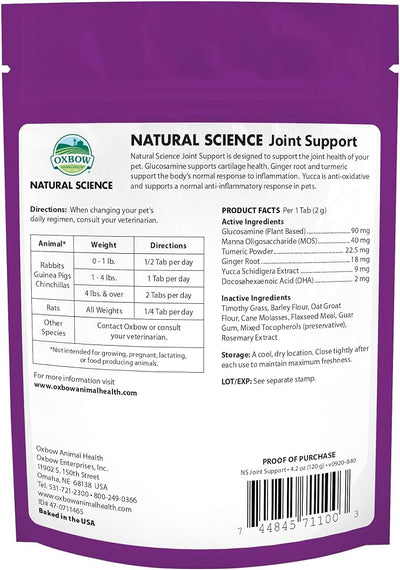 Oxbow Natural Science Joint Support,Anti Inflammatory Supplement for Rabbit & Guinea Pig,Oxbow Timothy Hay,Made with Glucosamine,Turmeric,& Yucca,Made in USA,4.2 oz Bag,(Pack of 2)