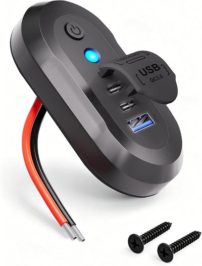 12V USB Outlet RV 3 Ports Car Charger: 78W Fast Charging Dual PD 3.0 & QC 18W Car Lighter Adapter with Switch & Blue Indicator Light - USB C 30W Wall Mount Panel Socket for Marine Bus Boat ATV Truck