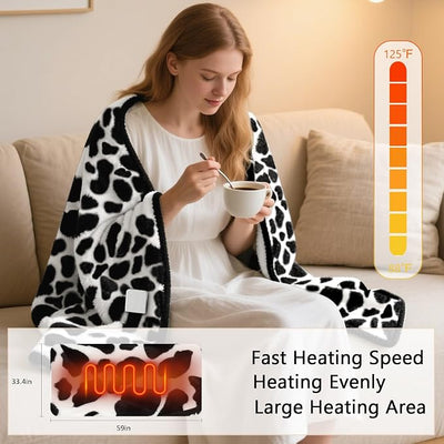 Heated Wearable Shawl 33x59 Inch, 6 Heating Levels & 5 Timer Settings, Soft Sherpa to Fleece, UL Certified with Auto Shut Off, Machine Washable Gift for Christmas Home Office (CowPrint)