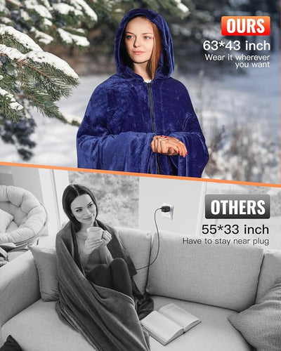 Girasol Cordless Wearable Heated Blanket, 10000mah Heated Blanket Battery Operated with Hood, USB Heating Throw Shawls Portable Electric Blanket with 3 Heating Levels for Home Office Outdoor(Navy)