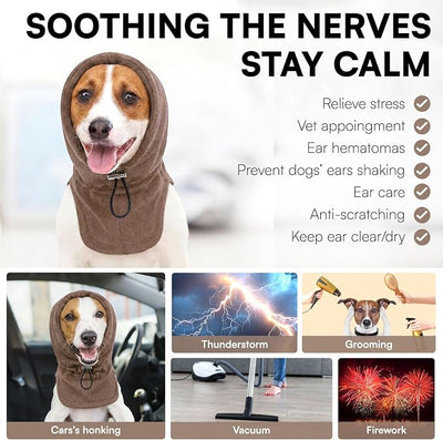 Dog Calming Hoodie - No Shake Ear Wraps for Dogs, Anxiety Relief & Noise Protection, Pet Ear Cover for Thunderstorms, Firework, Grooming, Force Drying, Brown L