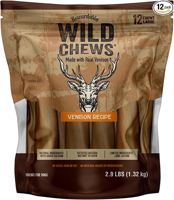 Wild Chews | Venison Recipe, Made with Real Venison, Limited Ingredient, Long Lasting Chews for Large Dogs | 12 Count