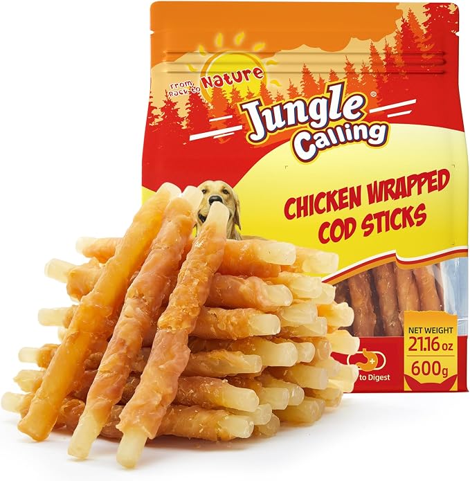 1.32 lb 35-Count Rawhide Free Dog Treats, 4.5-Inch Chicken Wrapped Cod Sticks for Dogs, Easily Digestible Long Lasting Dog Chews, Soft & Chewy Training Treats for Small Medium Dogs