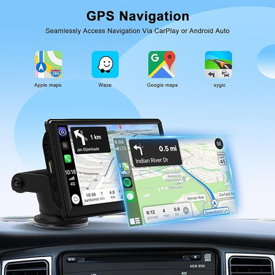 Portable Wireless Carplay Car Radio, 7" HD Touchscreen with Carplay Android Auto with Mirror Link/Voice Control/Bluetooth/FM/GPS Navigation/AUX