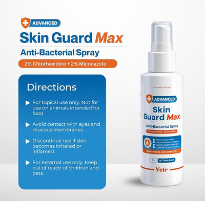 vetr Skin Guard Max Chlorhexidine Miconazole Spray, Dogs Cats Horses, 8oz | One 8 oz bottle / Dual-action 2% / 2% formula; Soothes dry, irritated skin; Cleanses skin & coat