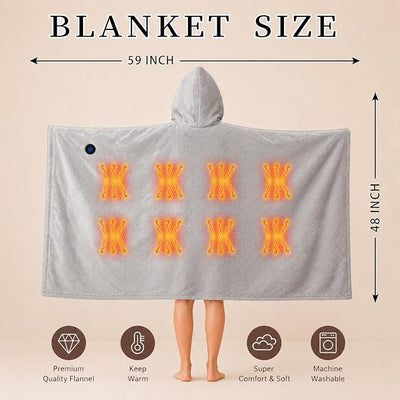 Gray USB Heated Hoodie Throw Blanket, Type-C Heated Wearable Blanket for Neck & Shoulder Warmth, Electric Soft Hooded Shawl with 1 Heat Level, Winter Gift for Women Travel Camping Bed