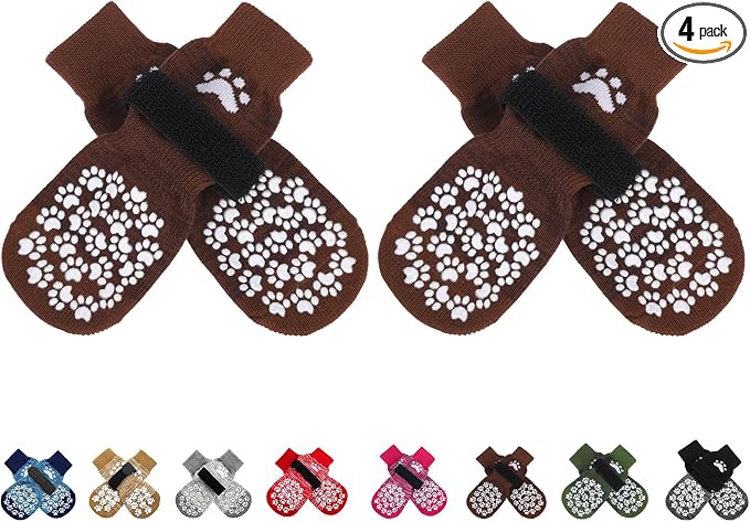EXPAWLORER Anti Slip Dog Socks to Prevent Licking Paws, Dog Shoes for Hot Pavement, Dog Booties for Small Medium Large Senior Dogs, Traction Control Boots & Paw Protectors for Hardwood Floors Coffee